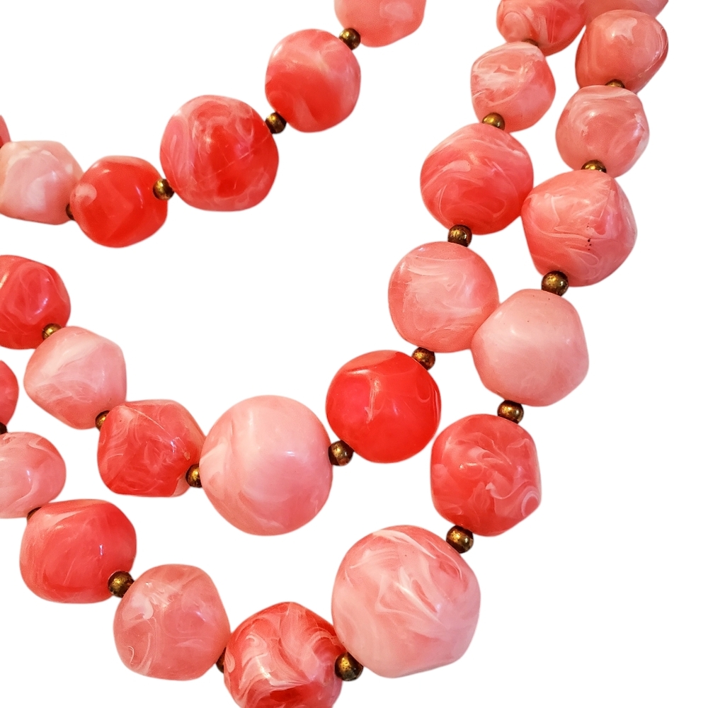 Kramer Pink Lucite Necklace Triple Strand Mid Century Abstract Swirl - Picture 7 of 10